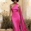 Lady with afro and chocolate brown skin in hot pink maxi dress staring straight ahead.